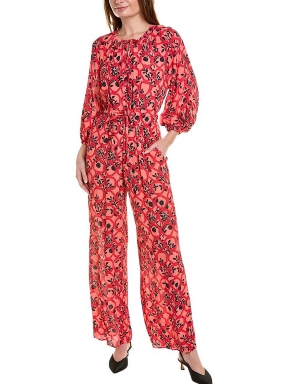 MaxMara Red and Black Floral Long Sleeve Jumpsuit